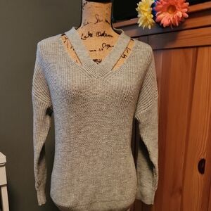 Strappy V-Neck Gray Sweater for Women, Size Medium